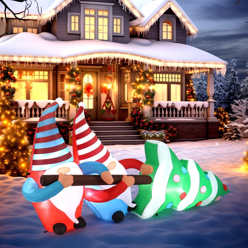 Christmas Inflatable Decoration 7 FT Gnomes Pulling Tree with Lights for Party