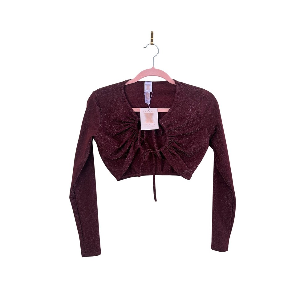 NWT Savage X Fenty Burgundy Sparkle Tie Front Crop Top Long Sleeve Women Size S