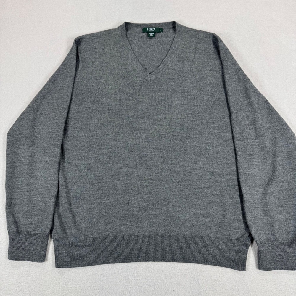J.Crew Italian Sweater Mens L Gray Merino Wool V-Neck Classic Long Sleeve