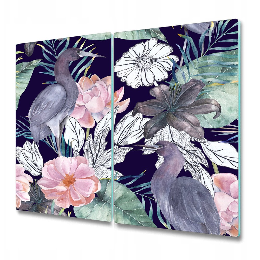 Tempered Glass Worktop protector Cranes with flowers Watercolour Colourful