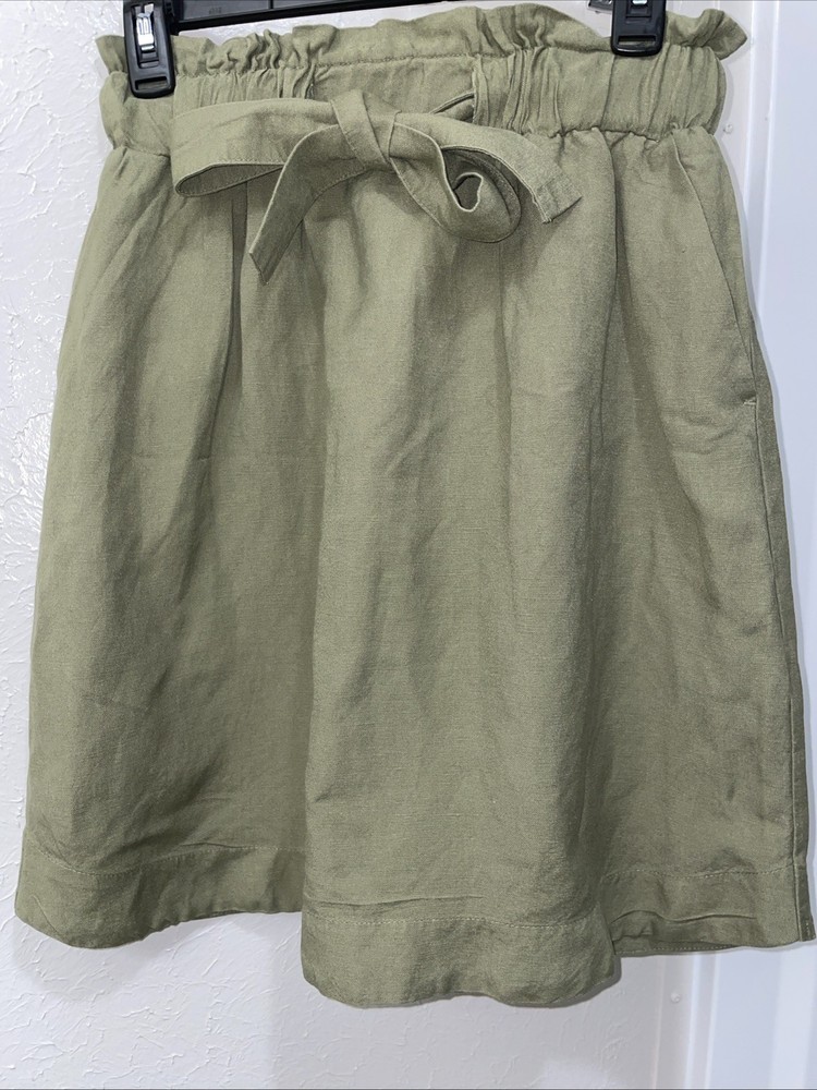A New Day Skirt Womens Small Green Linen Pockets Pull On Bow Knee Length Beach