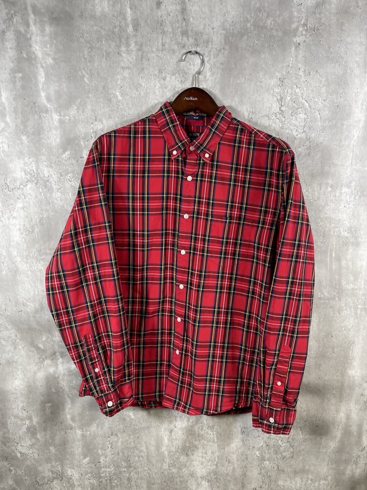 J Crew Shirt Mens Large Button Up Slim Fit Long Sleeve Red Plaid Flex Washed