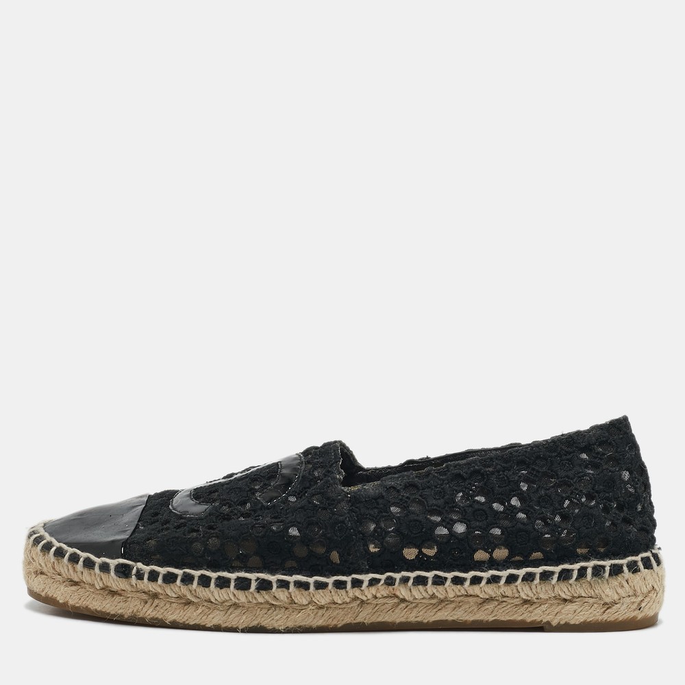 Chanel Black Mesh and Patent Leather CC Espadrille Flats Size 38