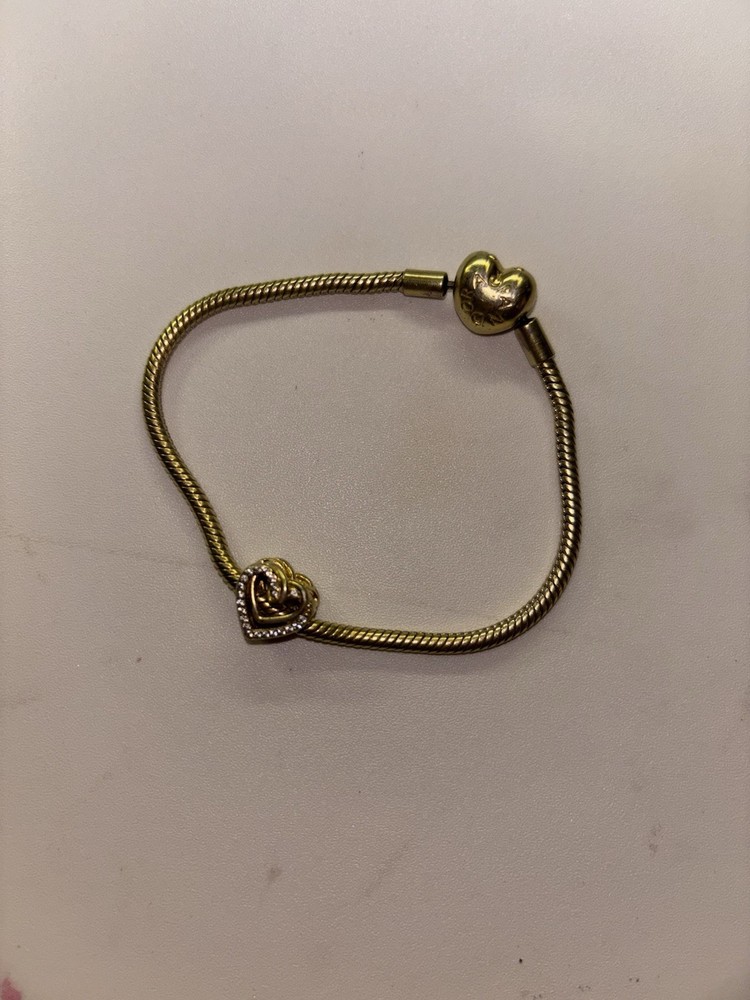 Pandora 14K Gold Plated Heart Charm Bracelet 18cm with Heart Clasp