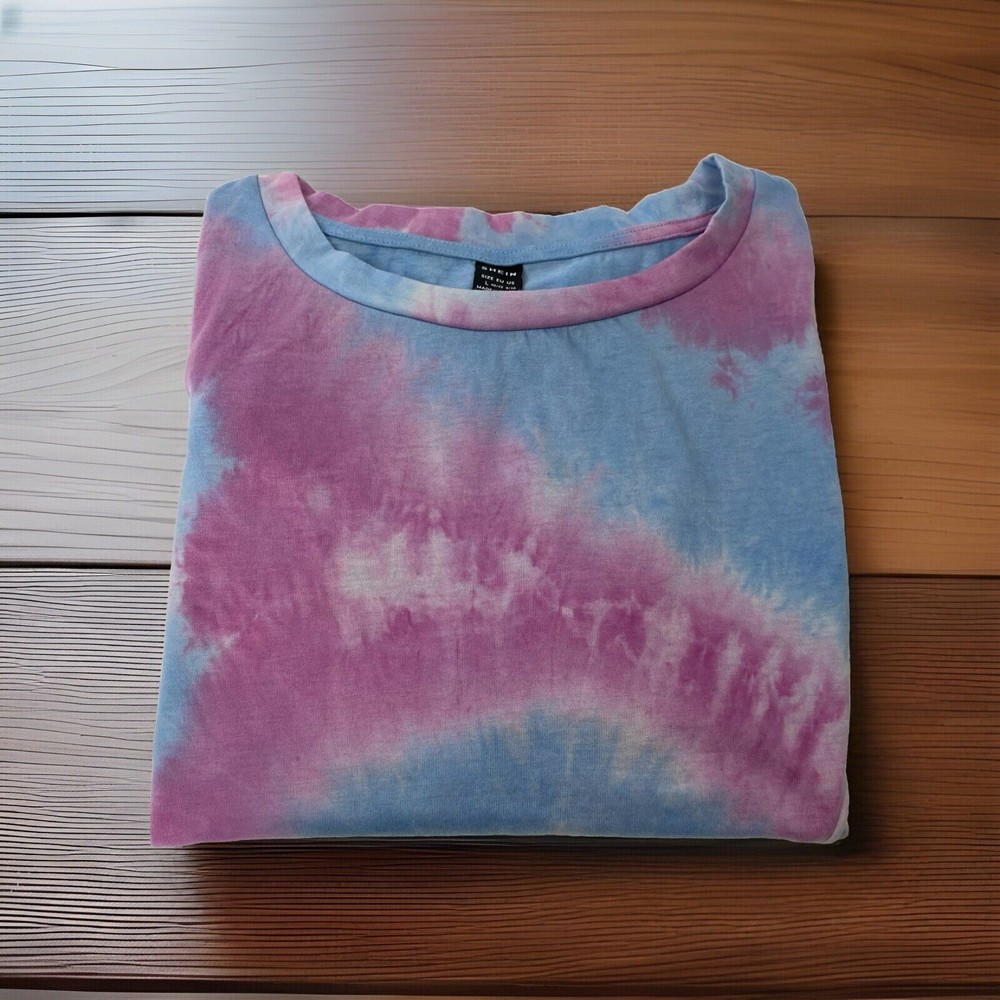 SHEIN Women’s L Large Loose Purple Blue Tie Dye Short Sleeve Crew Neck T Shirt