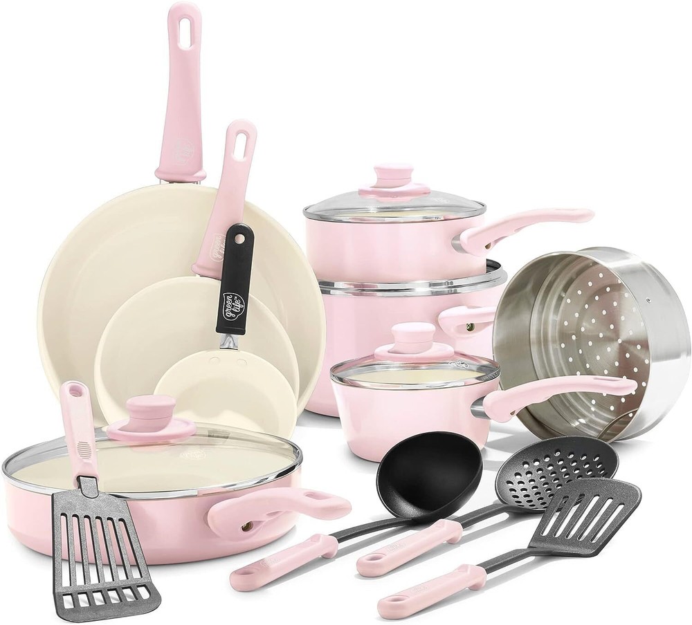 GreenLife Soft Grip 16 Piece Cookware Set, Non-Toxic PFAS-Free Ceramic Nonstick,