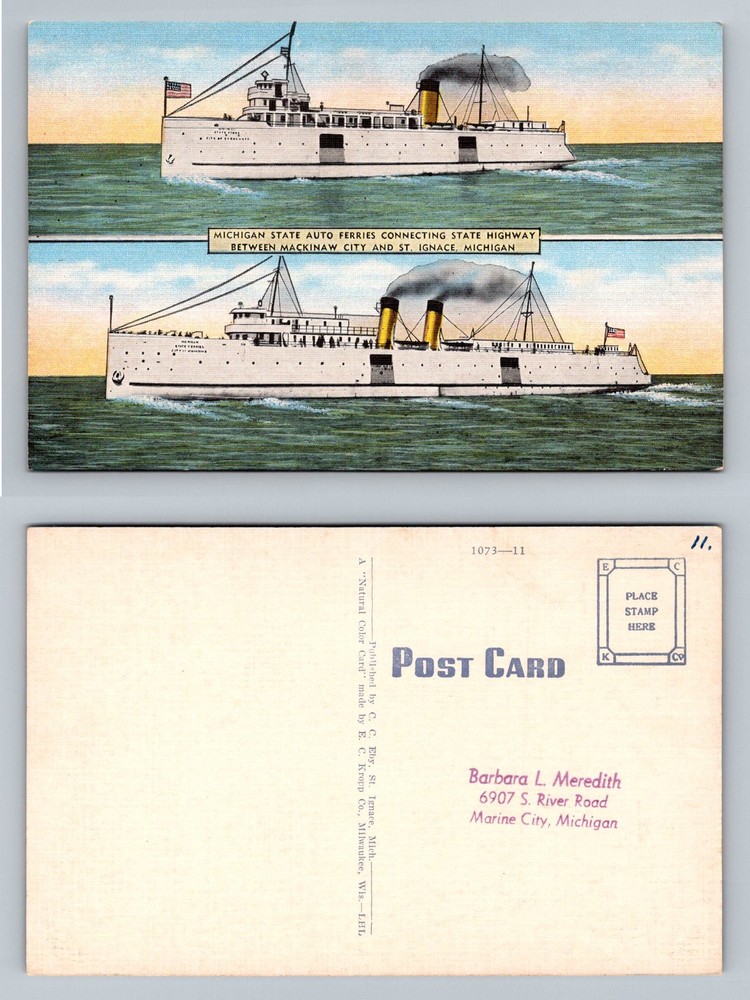 Mackinaw City, MI-Michigan, To St. Ignace State Auto Ferries Vintage Postcard