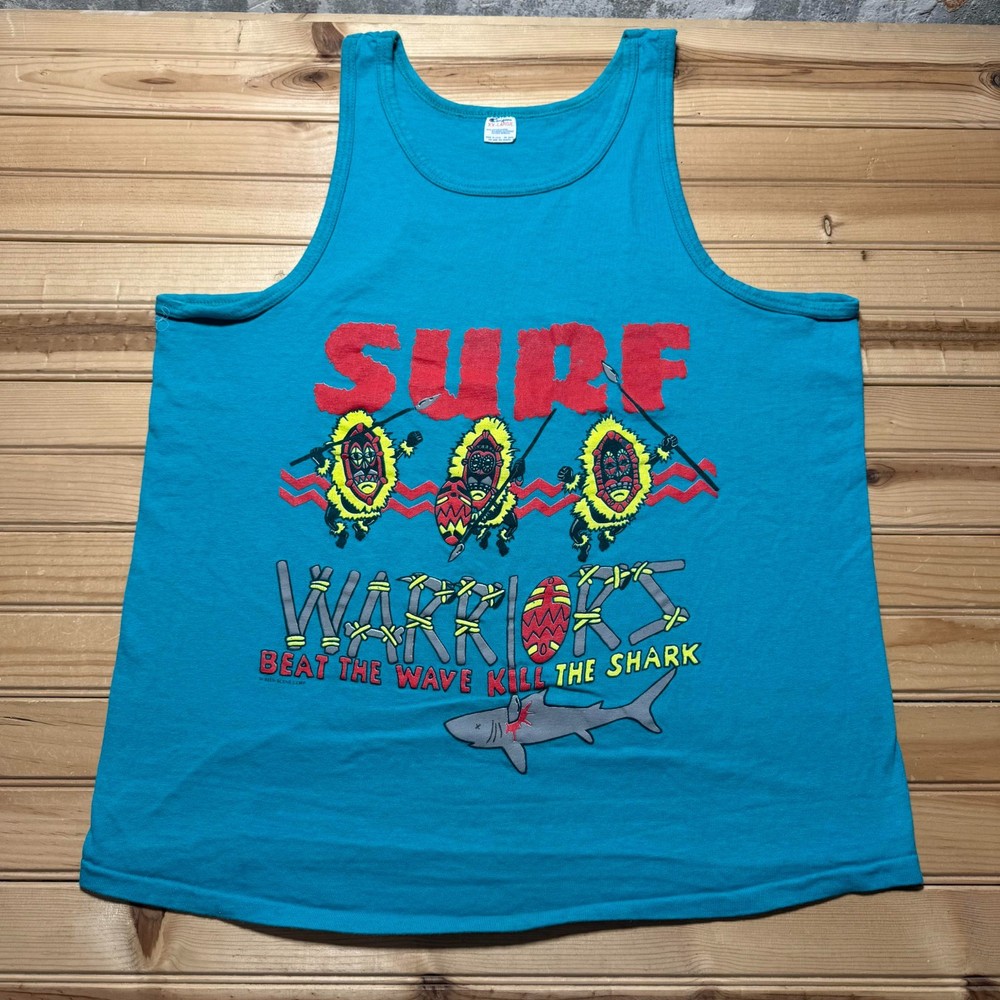 Vintage 90s Surf Warriors Beat The Wave Kill The Shark Tank Top USA Made - XXL