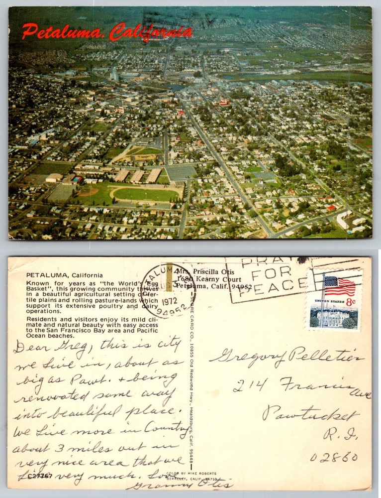 1972 Petaluma California Aerial View Postcard - 