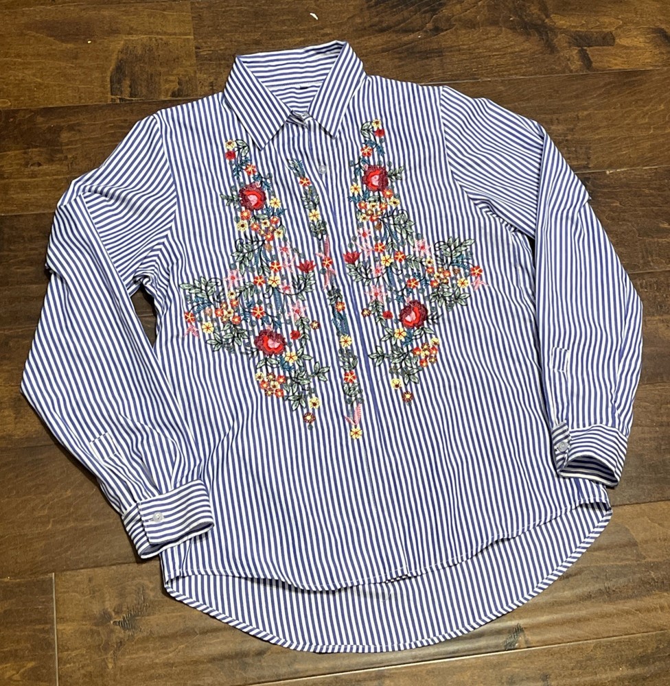 Women's Blue Striped Long Sleeve Blouse with Flowers Embroidered Size M