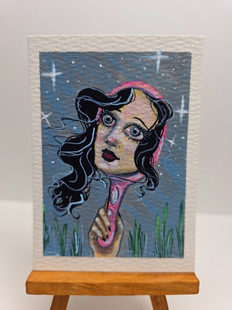 Original ACEO Woman Portrait Painting OOAK Fantasy Mirror Art Card Chasmardesign