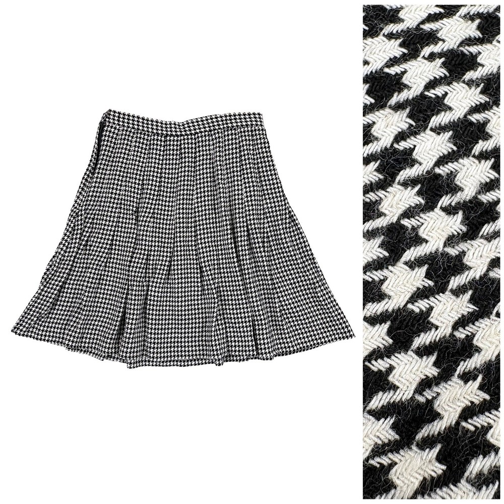 VTG 80s Houndstooth Pleated Circle Skirt Sz XS Wool Blend Preppy USA Union Made