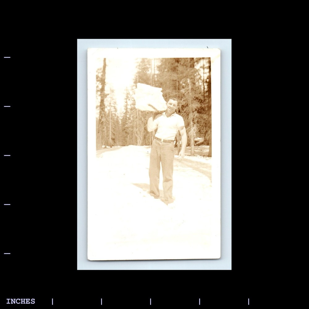 Old Vintage Photo MAN WITH GIANT SNOWBALL WINTER SCENE SNOW