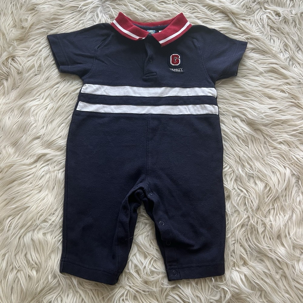 Vintage Y2K Gymboree Navy Blue Polo Romper Collared Striped Preppy 3-6 Months