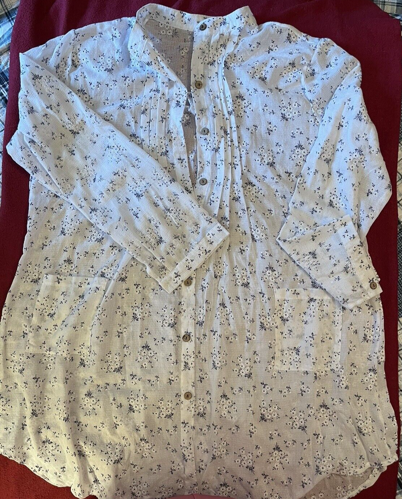 Sheer Over Shirt with blue/white flowers, button front, collar neck, and pockets