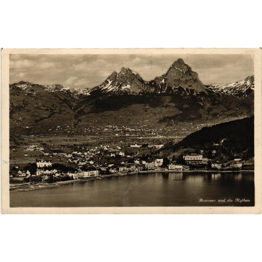 Vintage 1929 Brunnen und die Mythen Switzerland RPPC Postcard Kunstverlag Goetz