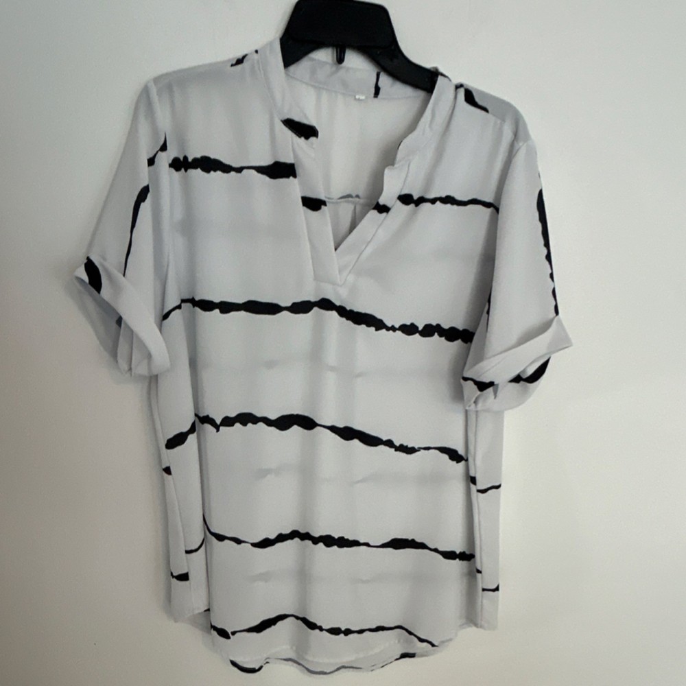Women’s White Black Striped Cotton V Neck Shirt Short Sleeve Casual L