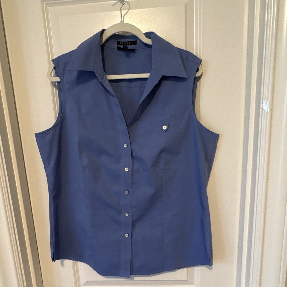 Foxcroft Non-Iron Solid Woven Collared Sleeveless Button Blouse Blue 16