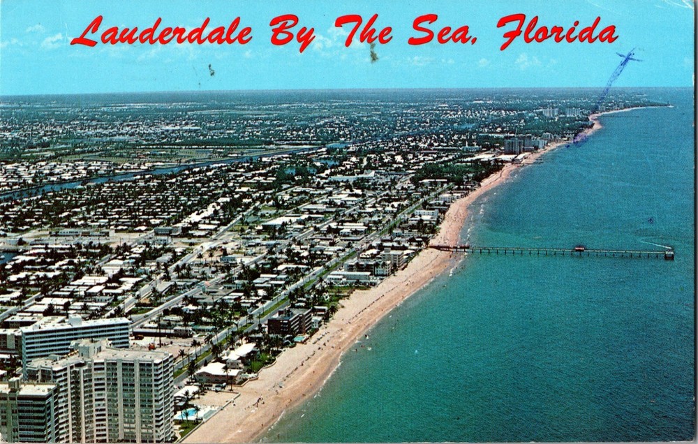 Postcard Aerial Birdseye View Beach and Fishing Pier Ft. Lauderdale Florida