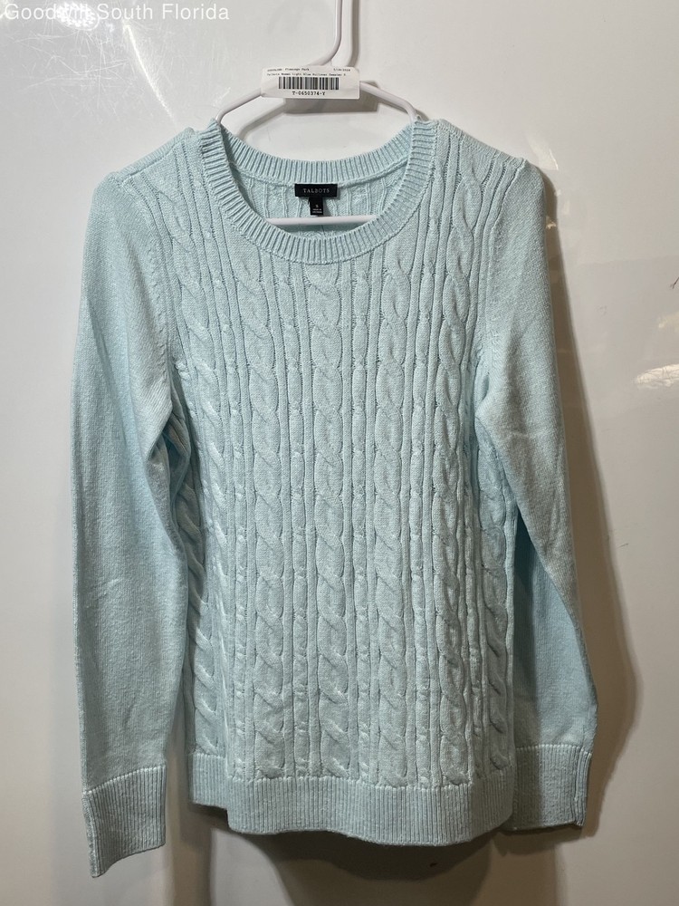 Talbots Womens Light Blue Button Cuff Cable-Knit Pullover Sweater Size Small