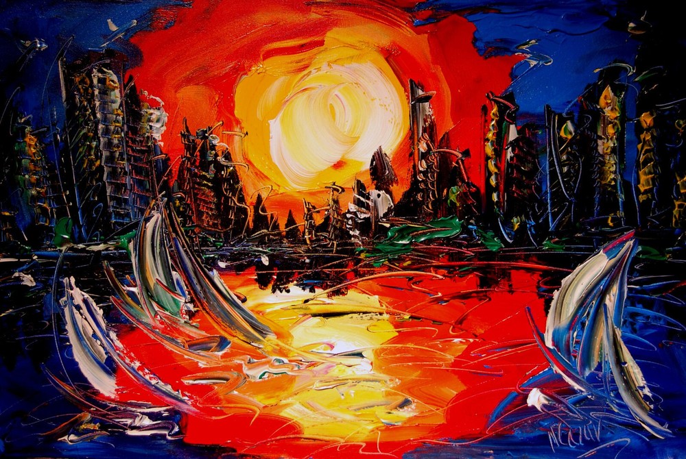 Red sunset  by Mark Kazav pop artist Abstract Modern CANVAS Original  PAINTING