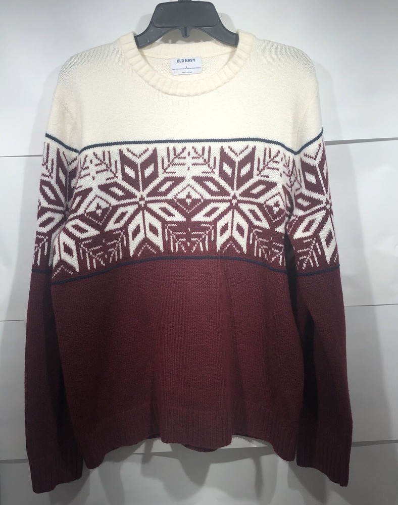 Old Navy Men’s Snowflake Fair Isle Crew Neck Sweater Medium Burgundy Cream