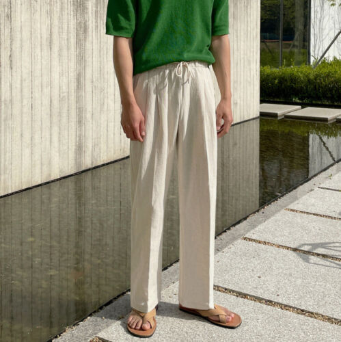 Summer Men Linen Breathable Thin Solid Color Loose Fitting Straight Leg Pants