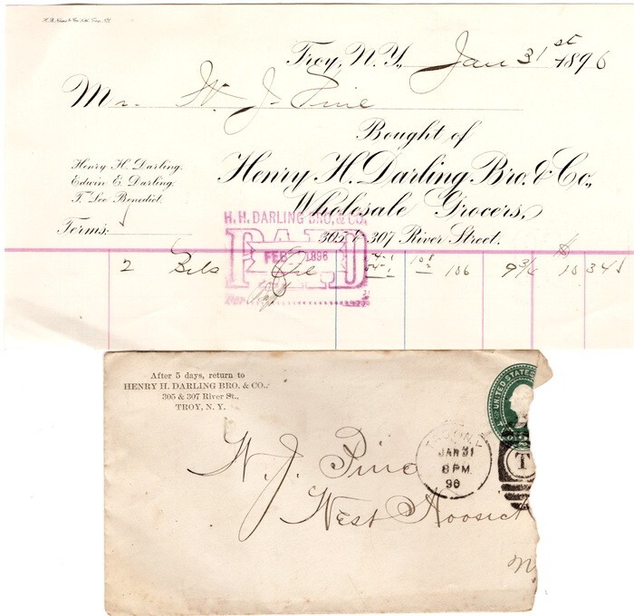 Henry W. Darling Bro & Co Wholesale Grocers, Troy, NY Billhead/Envelop 1/31/1896