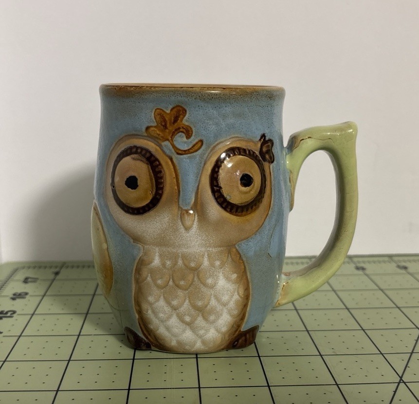 Gibson Home Owl Coffee Mug Tea Blue Green Pottery Stoneware Ceramic 16 oz