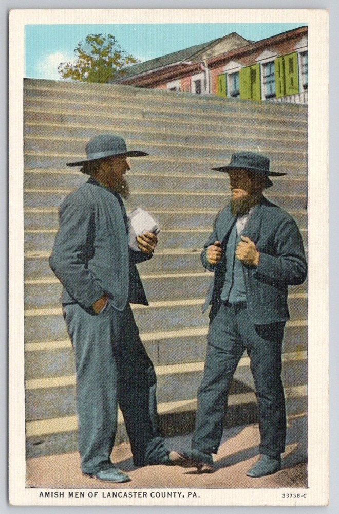Amish Men Lancaster PA Curt Teich Postcard Vintage Pennsylvania