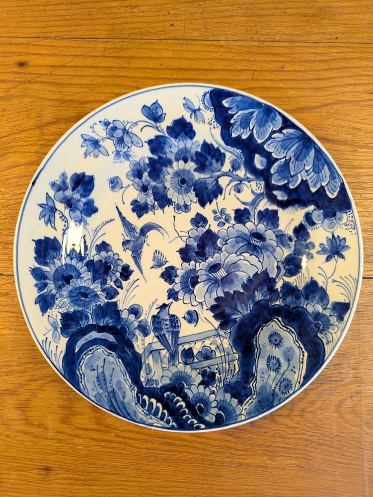 Vintage Royal Delft Blue White Floral/Bird Plate Wall Hanging 9 inches