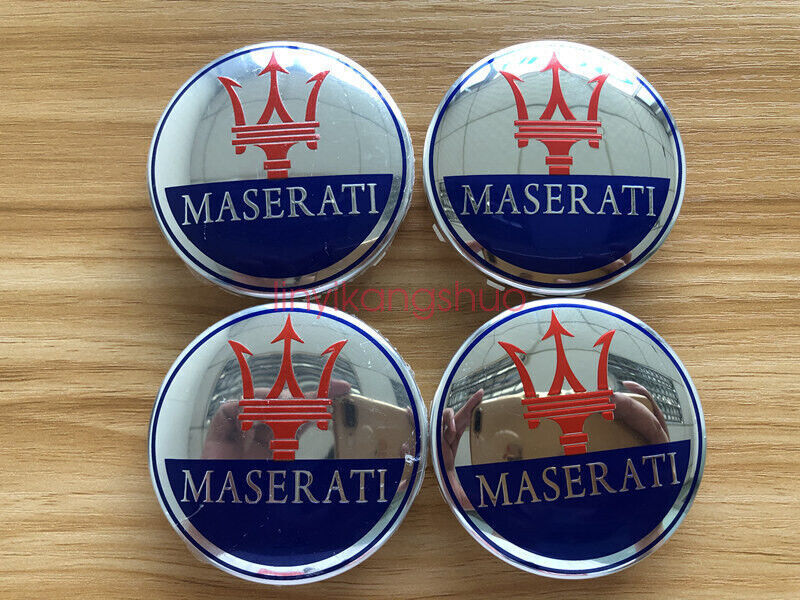 4 New Maserati Ghibli 60mm Wheel Center Caps Chrome Silver Blue Badge Set