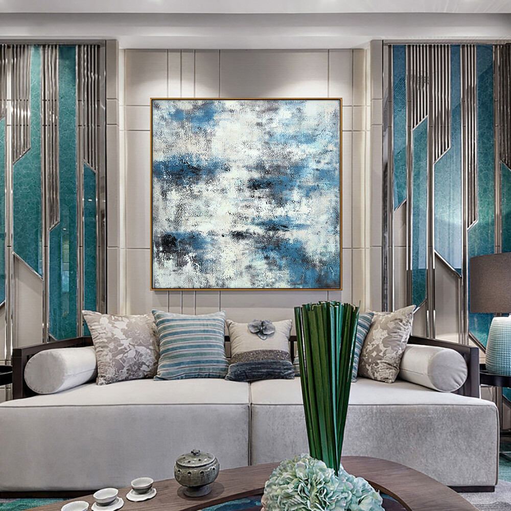 Hand Painted Blue Abstract Landscape Oil Painting On Canvas Wall Art Modern
