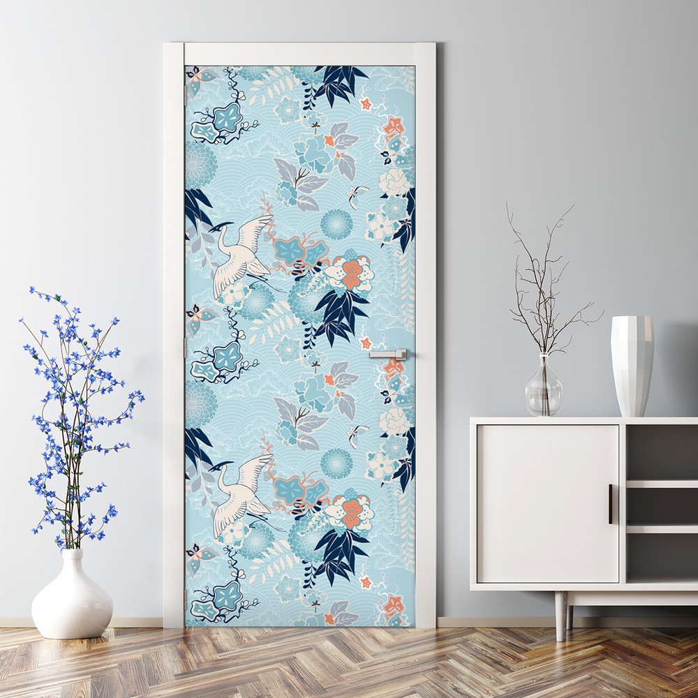Bubble Free Door sticker Chinoiserie Crane and flowers Baby blue Oriental Floral