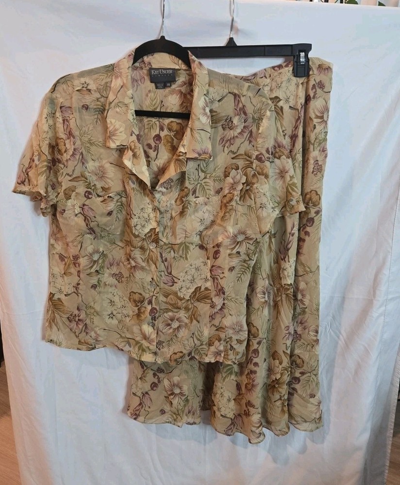 Kay Unger Woman Size 14 Beige Floral Print 100% Silk 3pc Skirt set