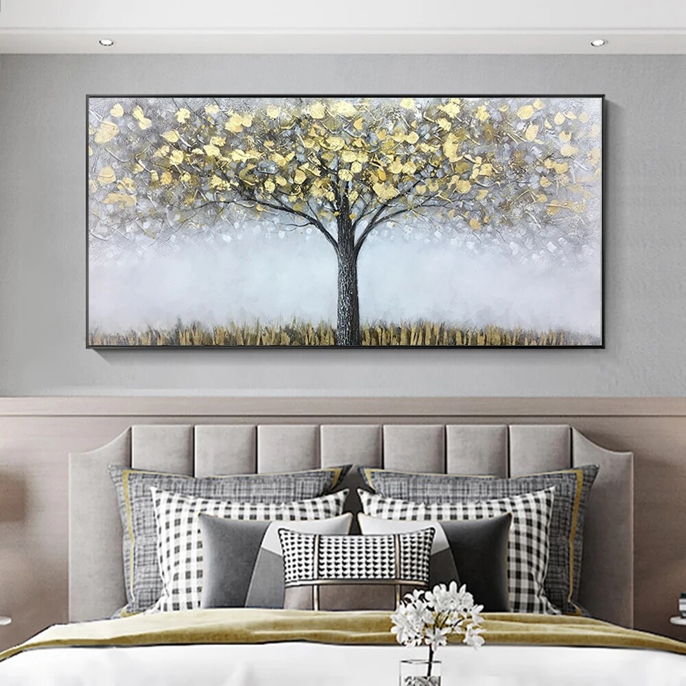 Abstract Oil Painting Handmade Golden Gray Fortune Tree On Canvas Artwork