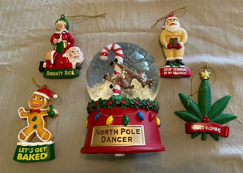 5 Spencer's Gifts Naughty Joke Snow Globe Christmas Ornaments  