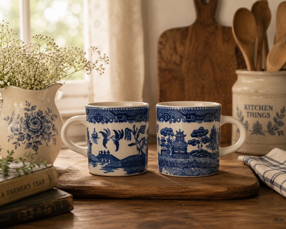 2 Vintage Blue Willow 8 oz Coffee Cup Mug  Made In Japan Speckled Stoneware