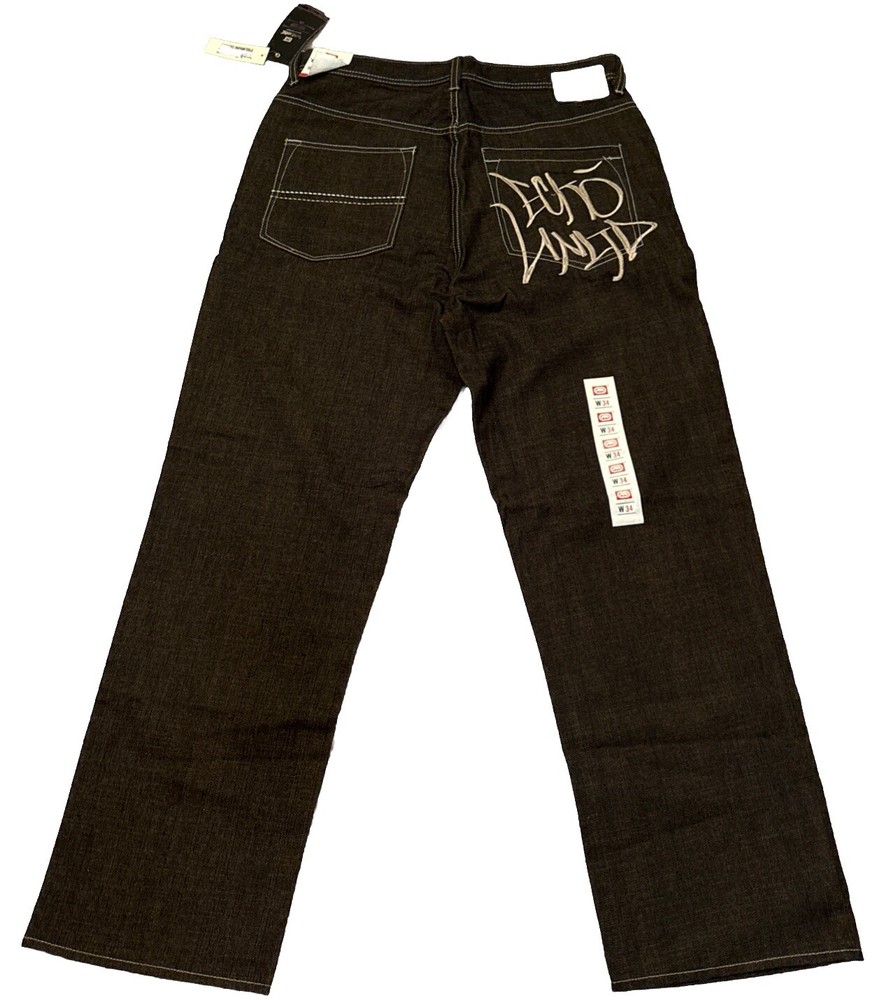 New Ecko Unltd Embroidered Baggy Fit Black Indigo Y2K Jeans Size 34 NOS