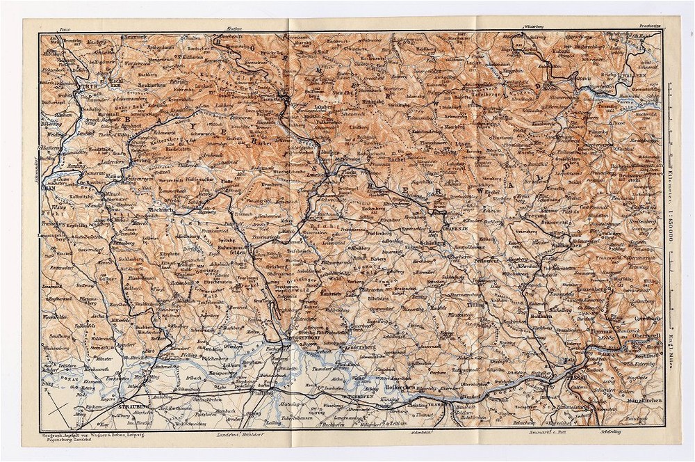 1910 Antique Map Of Bavarian Forest Passau Bavaria Germany