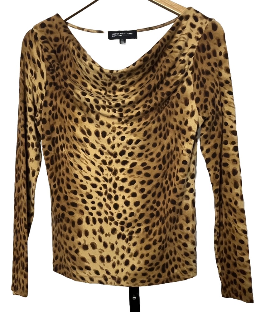 Jones New York Signature Top Drape Neck Leopard Print Women PS Petite Small