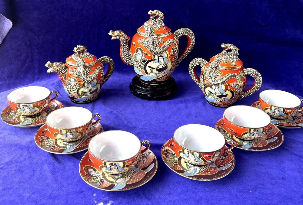 Antique Japanese Satsuma Dragonware Moriage Gold Tea Set - Hand Painted