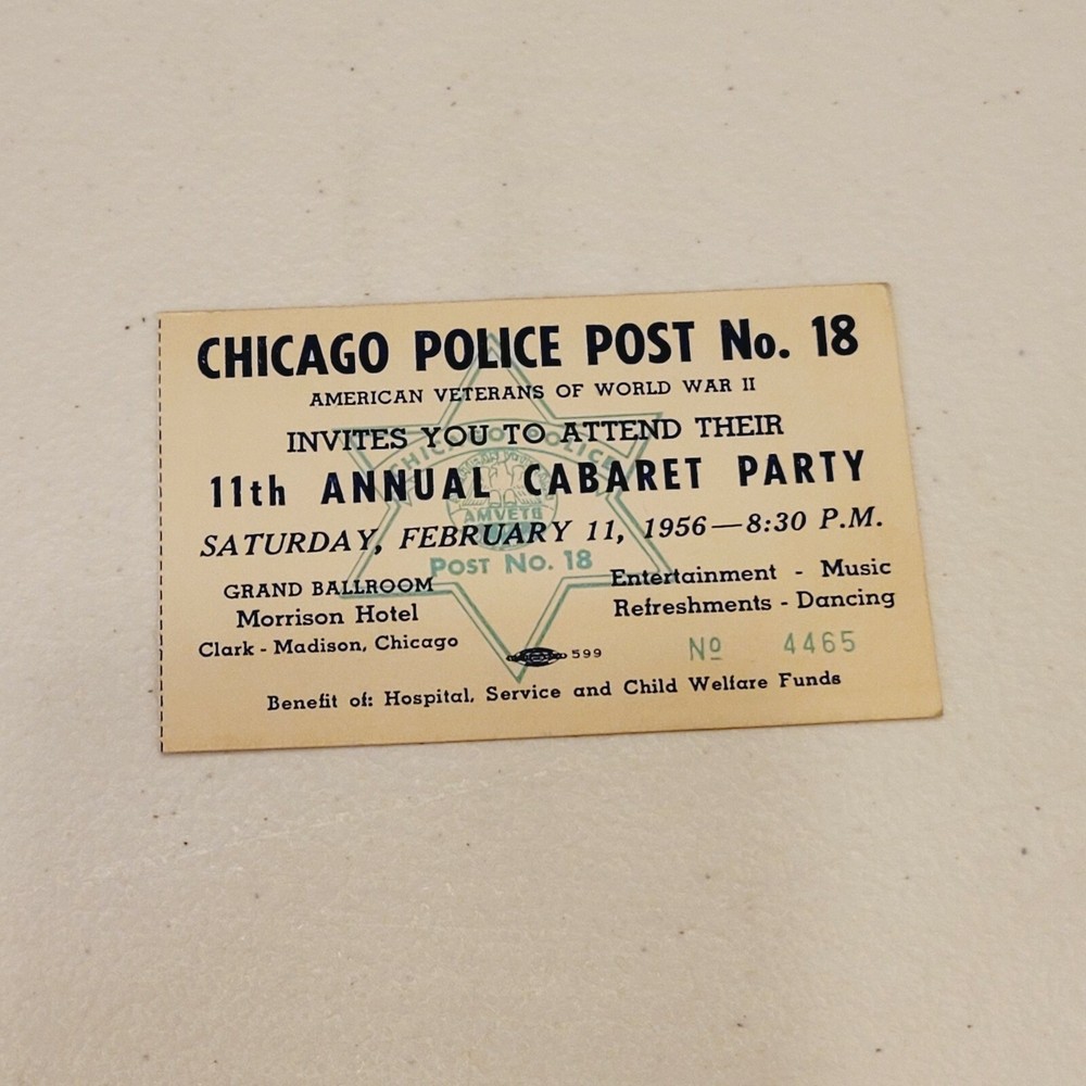 1956 Chicago Police 11th Annual Cabaret Party Ticket Stub
