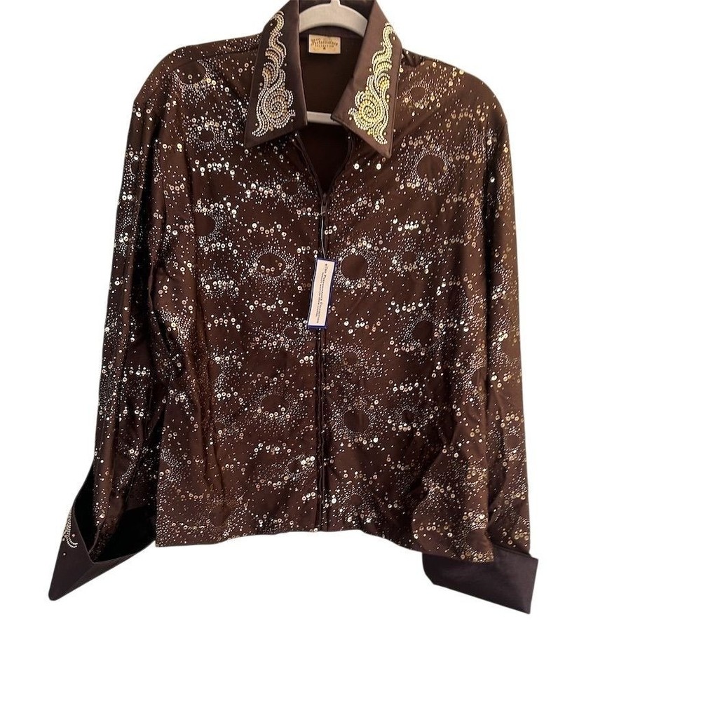 Performance Collection Womens Brown Sequin Embellished Zip Up Shirt Top XXL USA