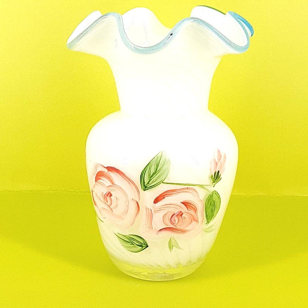Fenton Hand Painted Pink Roses, Aqua Crest Ruffled Edge Optic Swirl 6