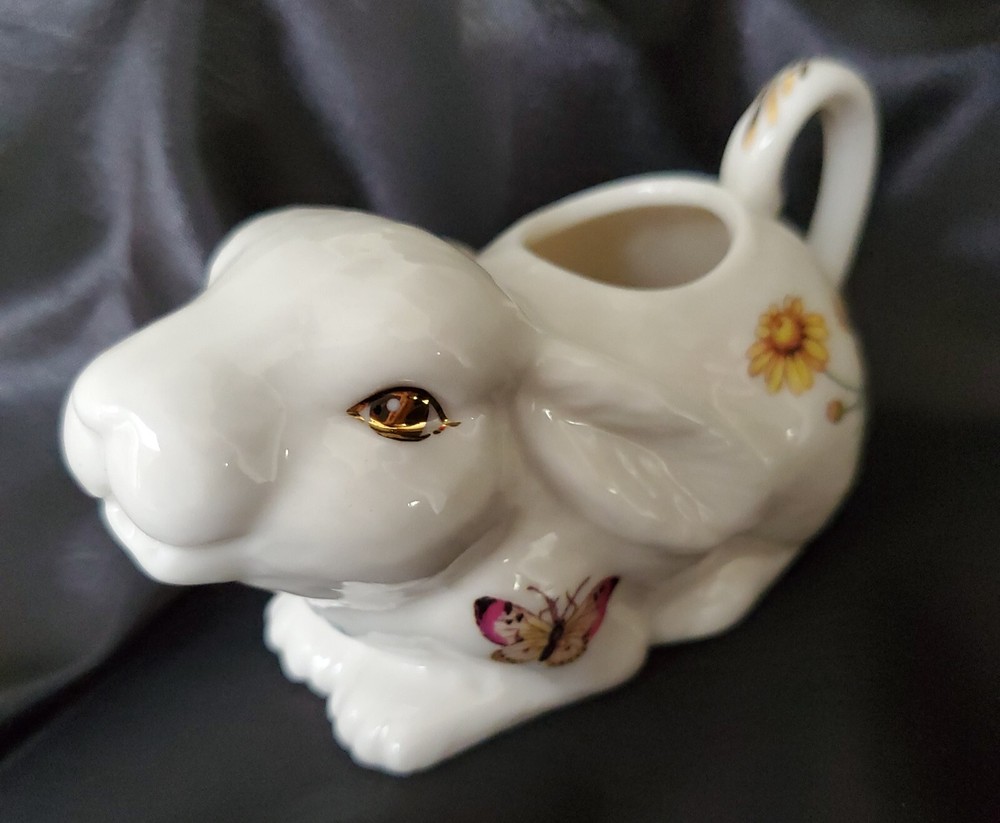 Grace TeaWare Ceramic Bunny Rabbit Creamer Butterfly & Flowers with Gold Accents