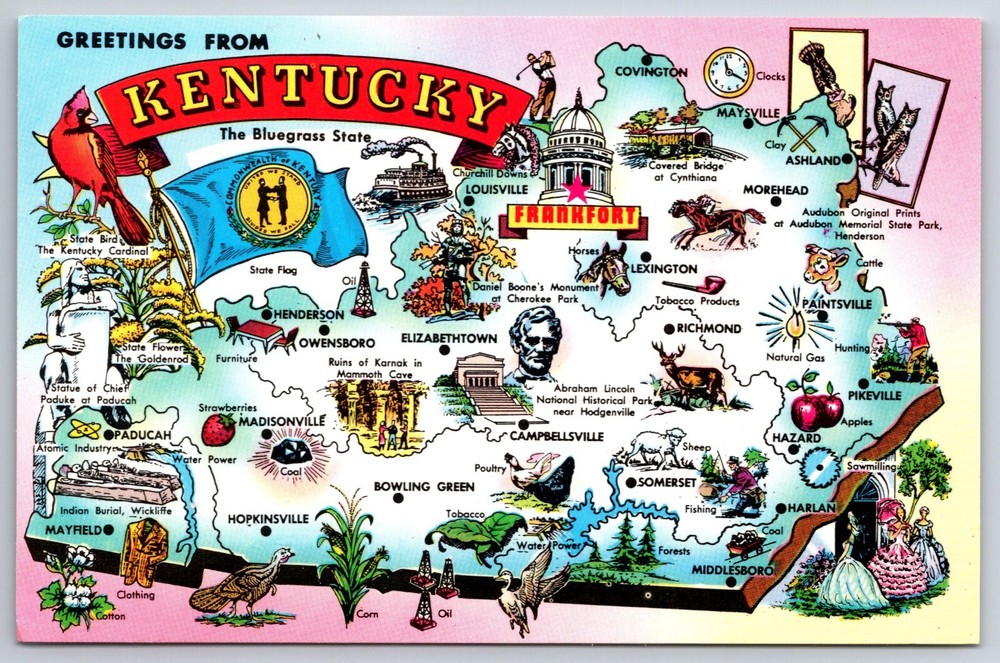 State Maps~Greetings From Kentucky~Campbellsville~Lexington~Mayfield~Vintage PC