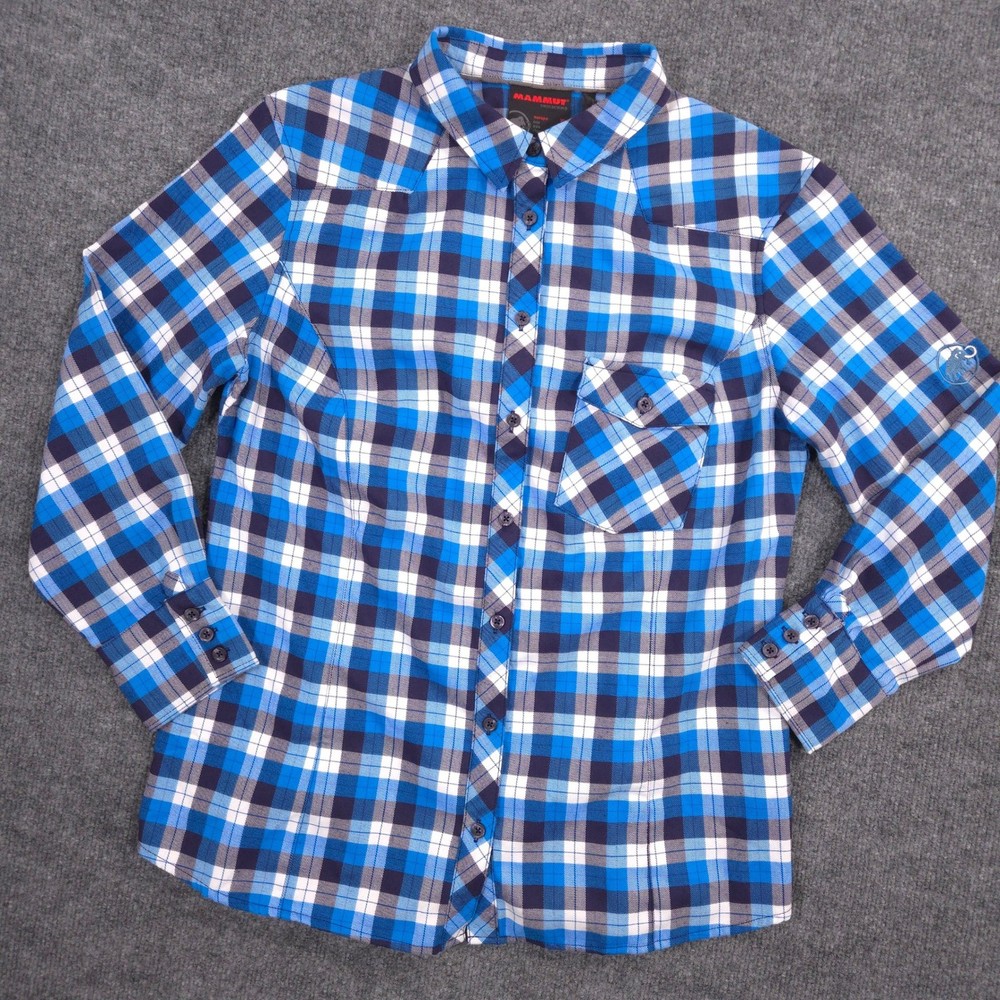 Mammut Bela Flannel Shirt Womens XL Blue Plaid Performance Outdoor Hiking Casual