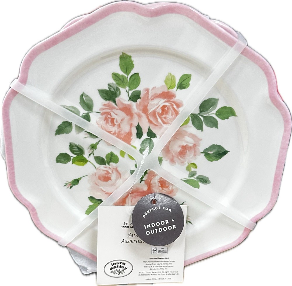 LAURA ASHLEY Melamine Pink Roses 8.5” Salad  Plates SET OF 4 NEW Shabby Chic