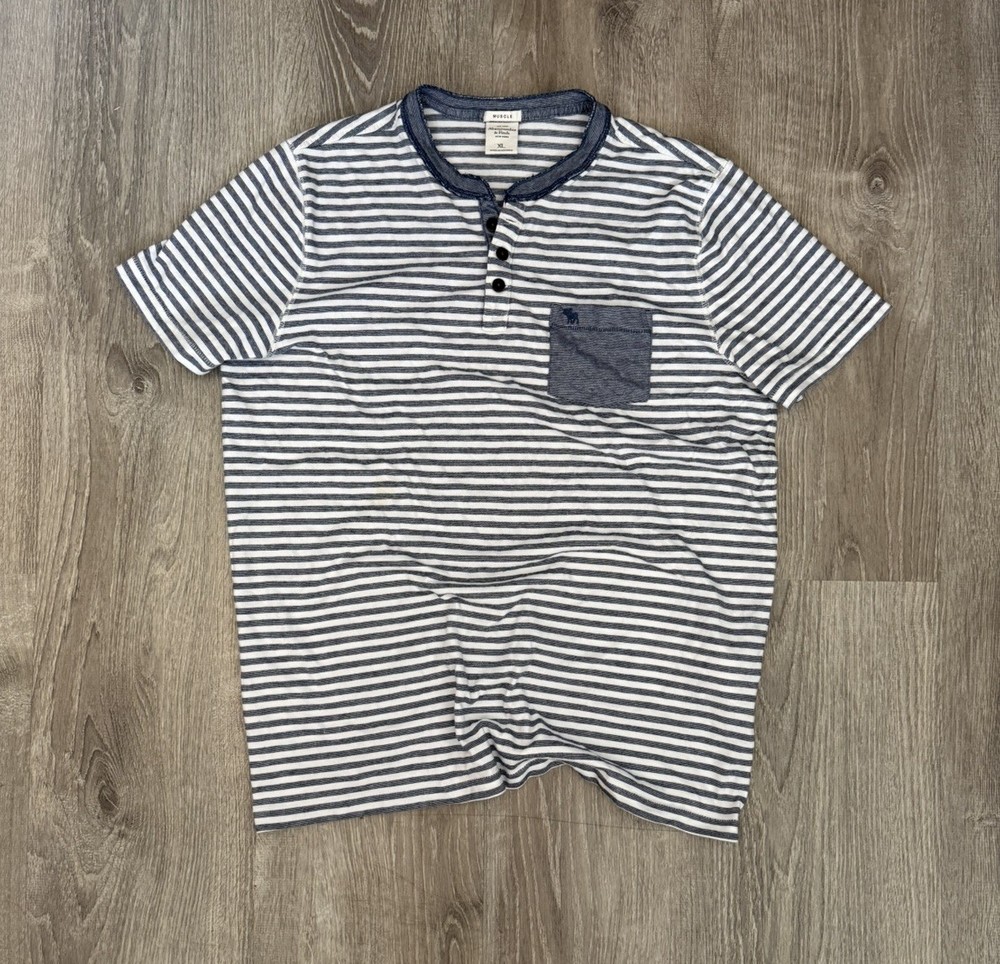Abercrombie & Fitch Mens XL Muscle Henley Shirt Grey Stripe Navy Pocket